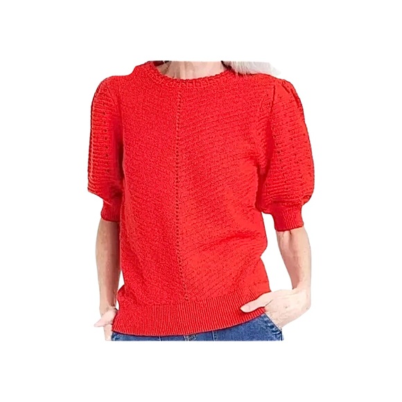 Knox Rose Women's Crewneck Short Sleeve Pointelle Sweater Red Open Knit Small - Picture 1 of 11